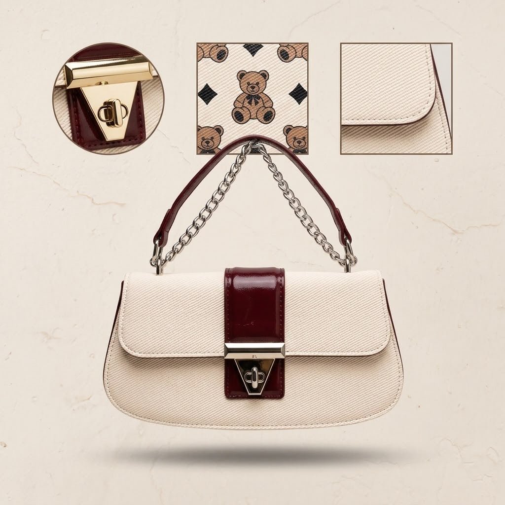 Two-Tone Flap Chain Shoulder Bag - Cream / Burgundy