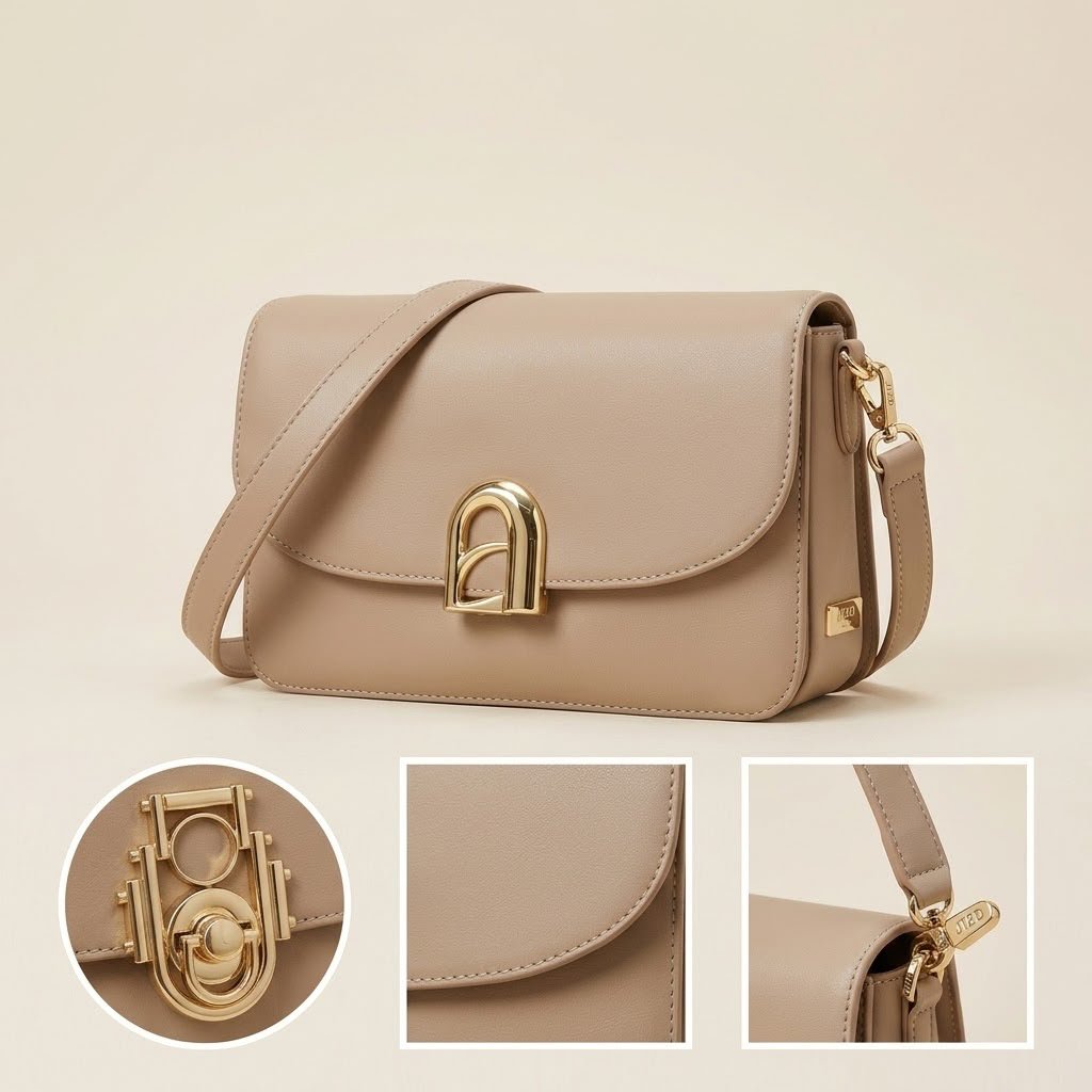 Minimalist Gold Lock Crossbody Bag - Nude