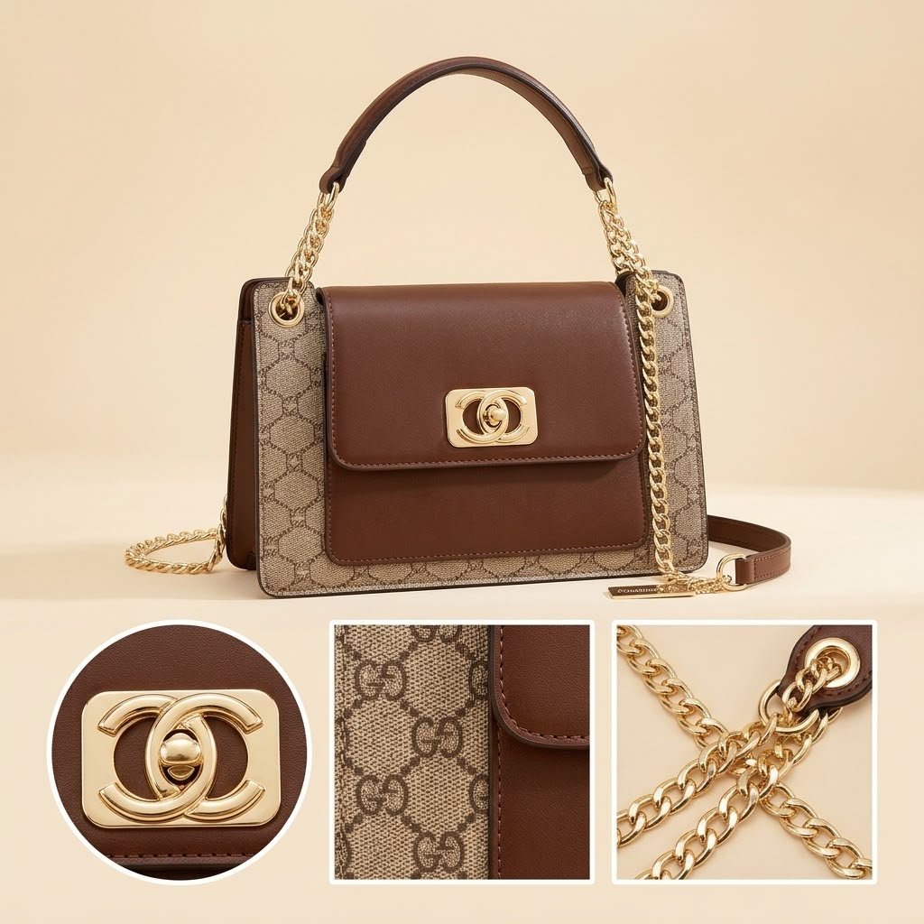 Designer GG Monogram Chain Handle Bag - Brown / Coffee