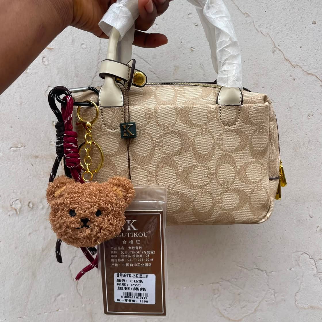 KUTIKOU K Boston Pillow Bag With Teddy Keychain - Cream Beige image 3