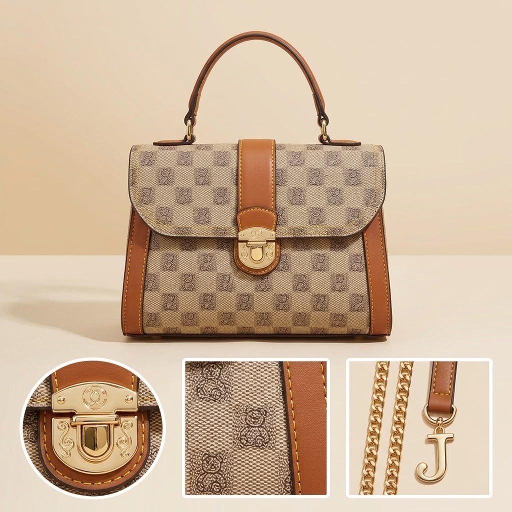 Teddy Bear Monogram Top-Handle Satchel - Brown / Beige